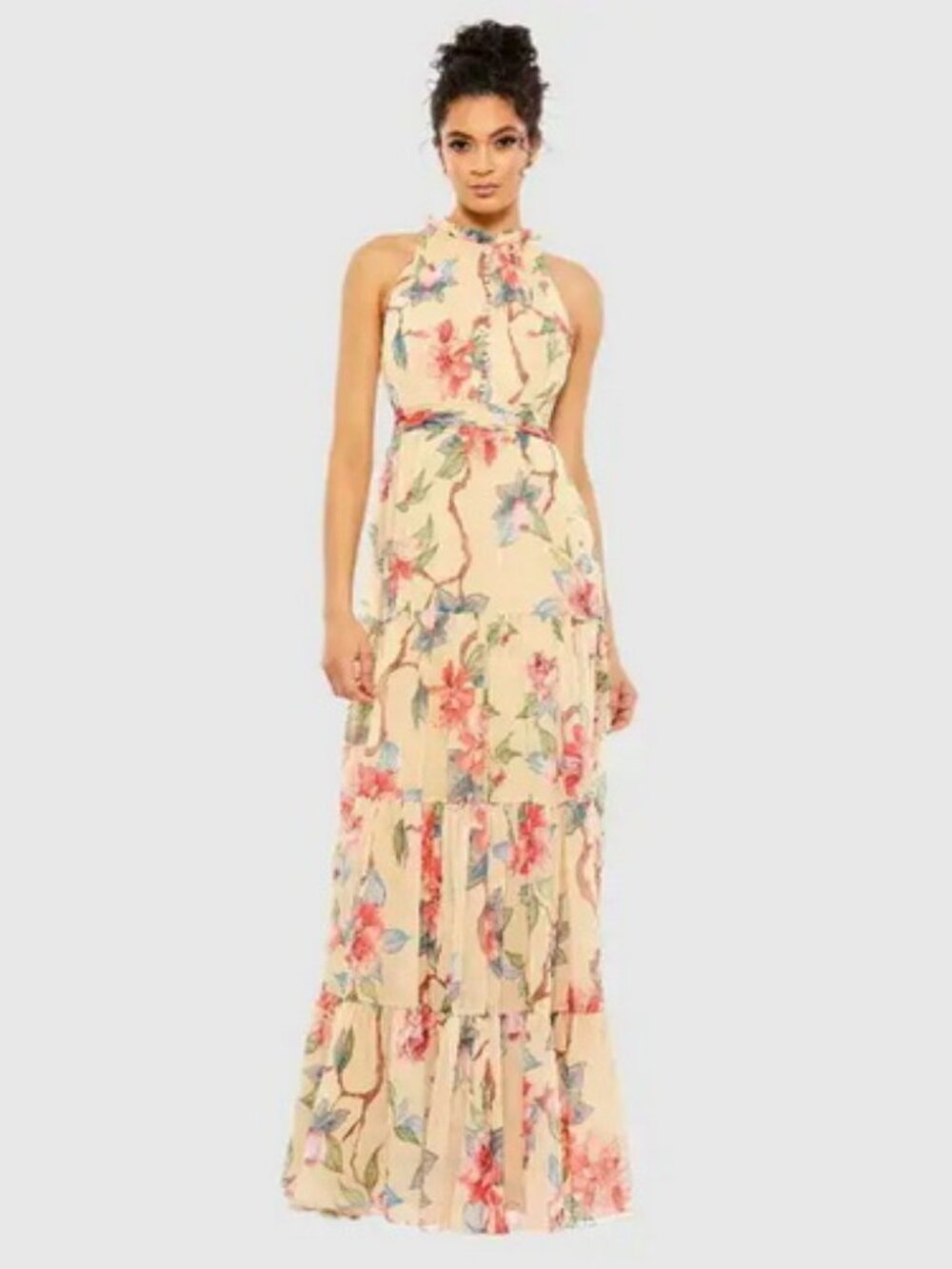 Mac Duggal Nude Multi Floral Chiffon Maxi Dress